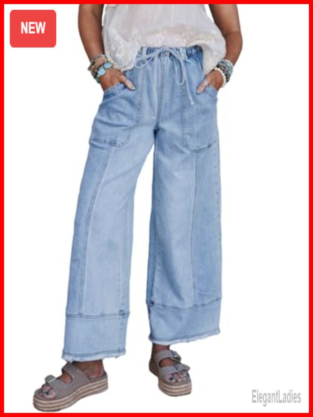 Women's Wide Leg Baggy Jeans High Waisted Drawstring Stretchy Denim Pants